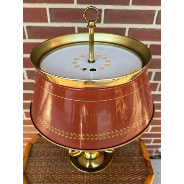 Mid-Century Modern 1960s Maison Janson Style Brass and Red Toleware Bouillotte Table Lamp For Sale - Image 3 of 12