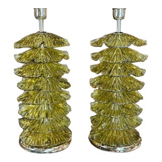Murano "Ruffle" Lamps in Olive Green For Sale