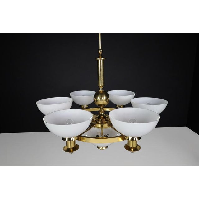 Sculptural Italian Chandelier in Brass & Opaline Glass, 1970s For Sale - Image 6 of 16
