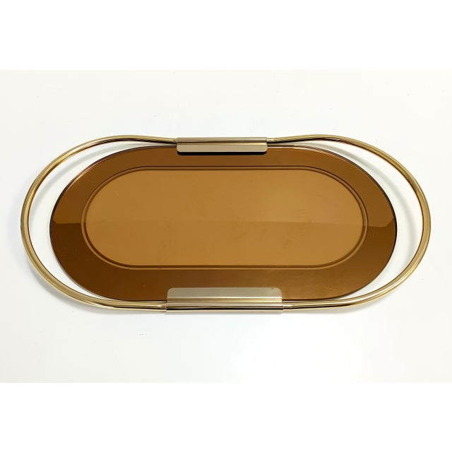 Oval 24k Gold Plated and Bronzed Pink Mirrored Glass Tray attributed to Umberto Mascagni, 1970s For Sale - Image 7 of 12