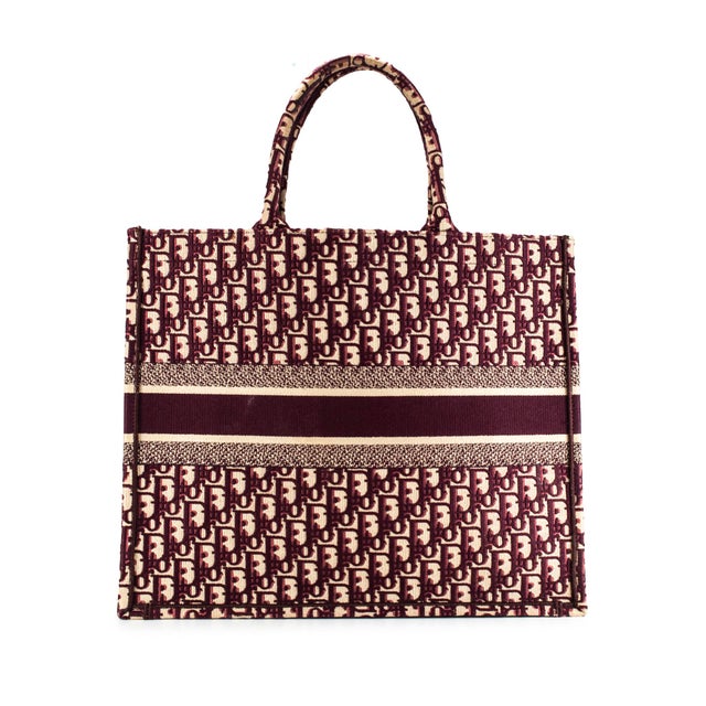 Early 21st Century Christian Dior Book Medium Oblique Embroidery Burgundy Canvas Tote Bag For Sale - Image 5 of 8