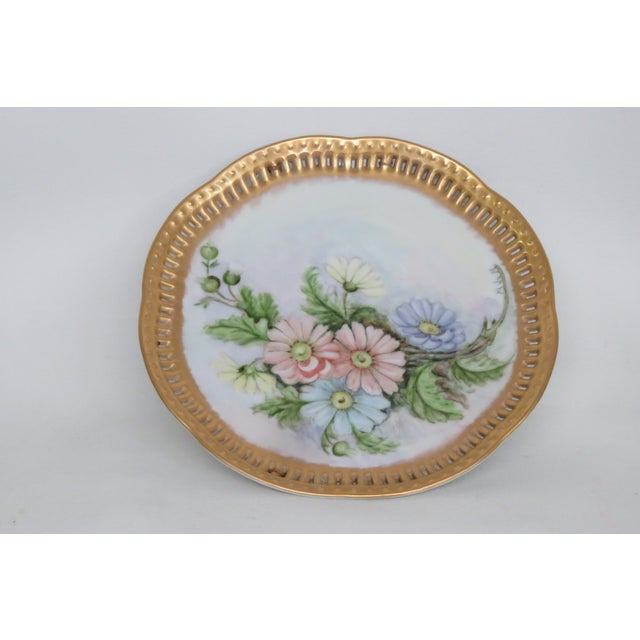 Ceramic Gold Edge Hand Painted Flowers Decorative Plate 4595b For Sale - Image 7 of 14