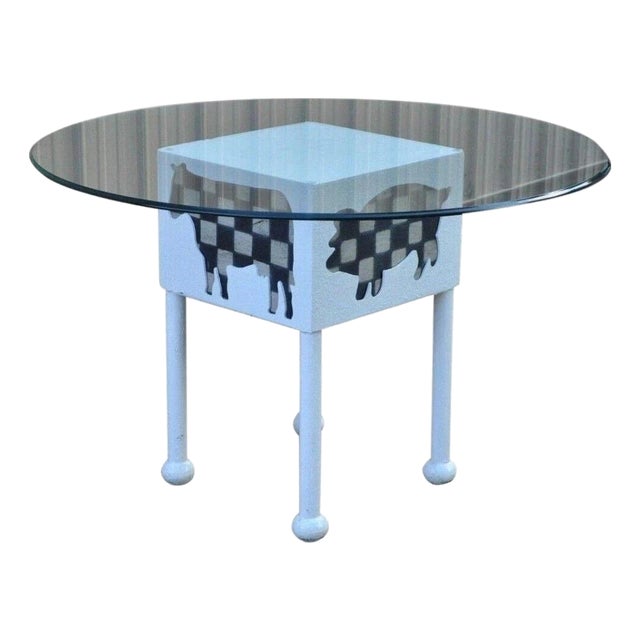 Farmhouse "Butcher" Cow & Pig Painted White & Black Metal & Glass Dining Table For Sale