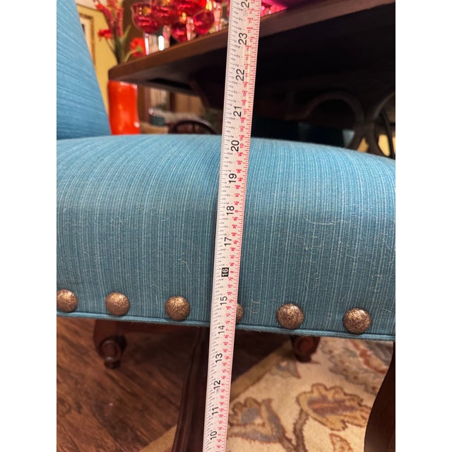 Set of 8 Designmaster “Strasbourg” French Carved Dining Chairs in Peacock Blue For Sale - Image 10 of 12