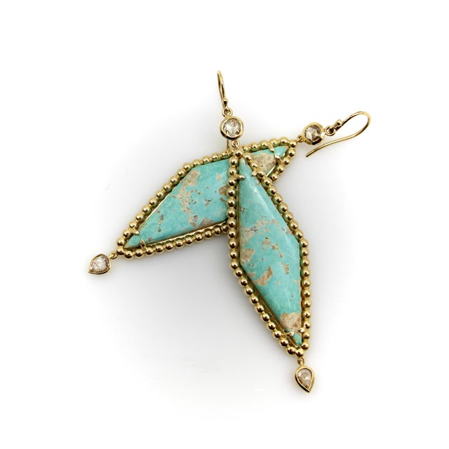 Modern 14k Gold Turquoise and Rose Cut Diamond Dangle Earrings, Pair For Sale - Image 3 of 9