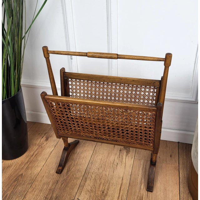 Mid-Century Italian Cane Rattan and Wood Magazine Rack, 1960s For Sale - Image 6 of 8