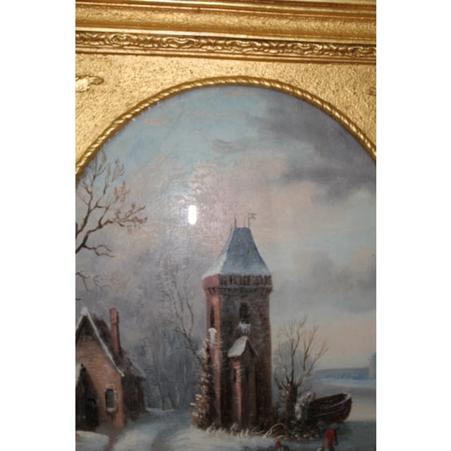 Transitional 18th-Century Dutch Églomisé Painting – Reverse Glass Art With Gilding | 21x24 Inches | Framed – Winter Landscape – 21"x24" – Ornate Gilded Frame For Sale - Image 3 of 9