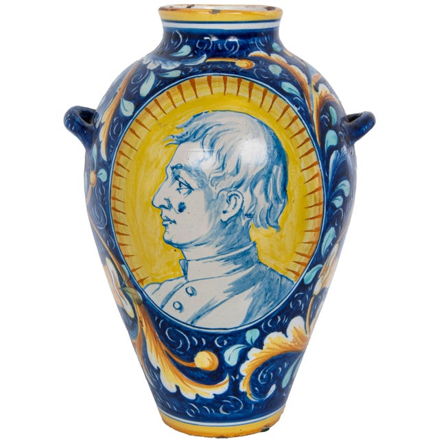 Renaissance Pair Antique 18thC Italian Majolica Pottery Portrait Vases Apothecary Jars 1700 For Sale - Image 3 of 18