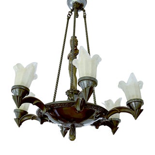 Large Art Deco Sculptural Chandelier in Bronze and Glass, 1930s For Sale