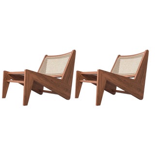 Kangaroo Armchairs in Wood and Wicker by Pierre Jeanneret for Cassina, Set of 2 For Sale