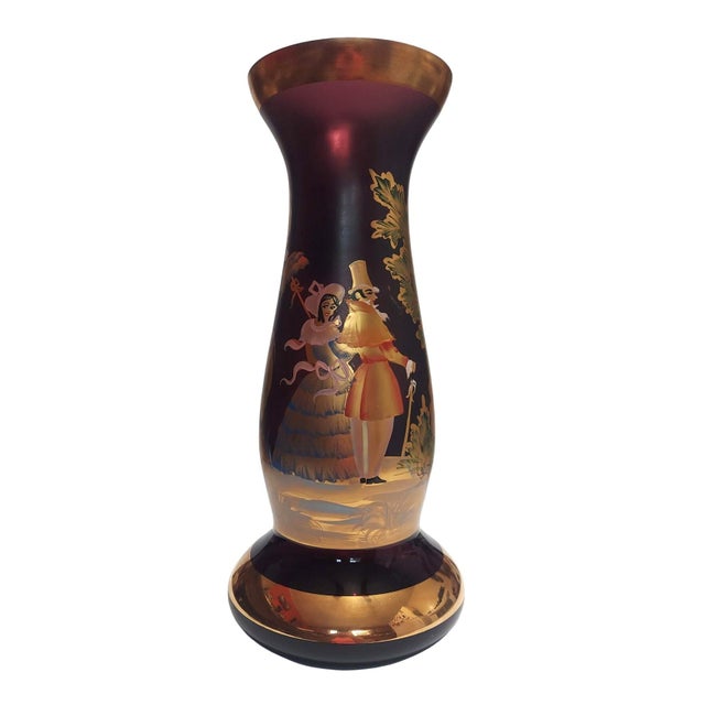 Hand Painted Purple Glass Vase Regency Style Courting Couple Mantel Hearth Right Facing For Sale - Image 4 of 10