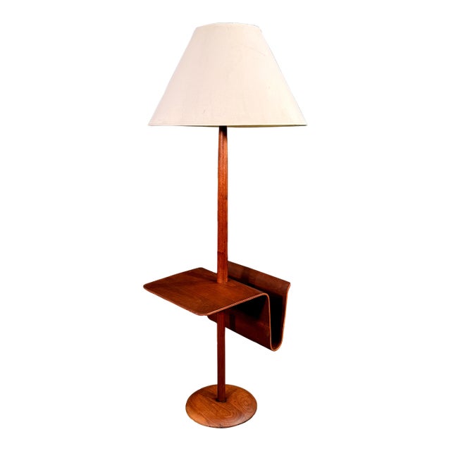 C1950's Mid Century Modern Walnut Floor Lamp With Integrated Side Table and Magazine Rack by Laurel Lamp Co For Sale