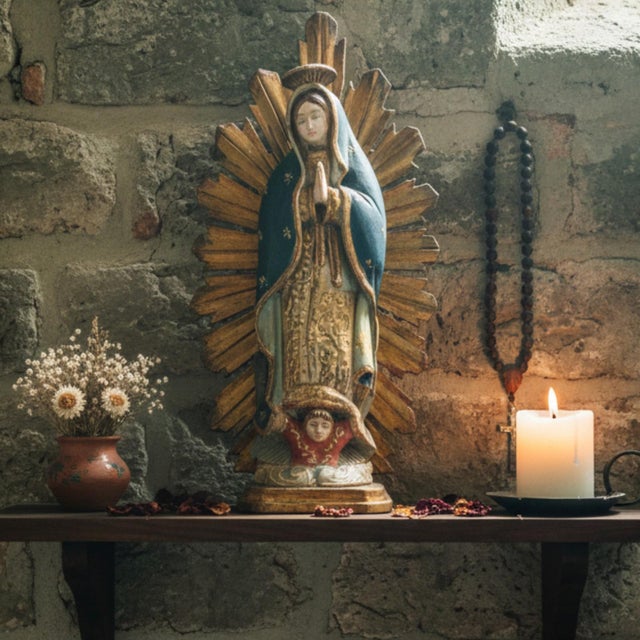 This mid-20th century devotional carving depicts Our Lady of Guadalupe, rendered in carved wood with traditional...