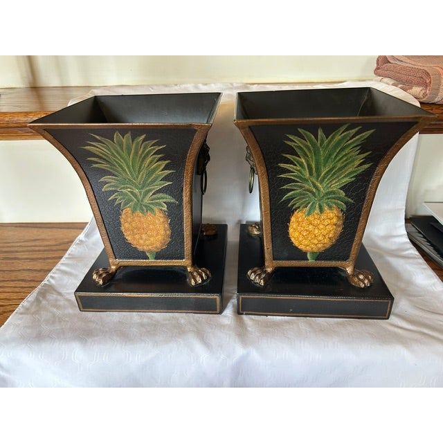 Black Tole Cachepots With Pineapple Motif For Sale - Image 8 of 8