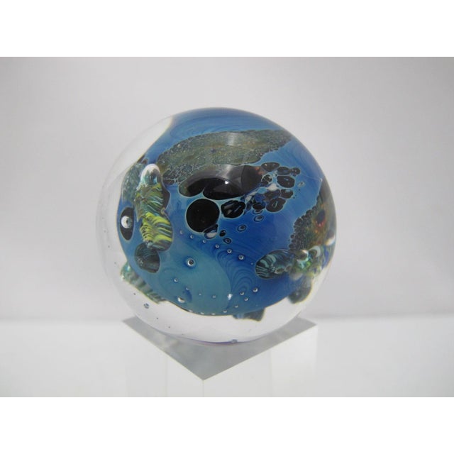 Mid 20th Century Josh Simpson Inhabited Planet Earth Art Glass Marble Paperweight & Display Stand For Sale - Image 5 of 10