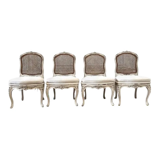 Antique French Painted Cane Back Dining Chairs With Linen Upholstery