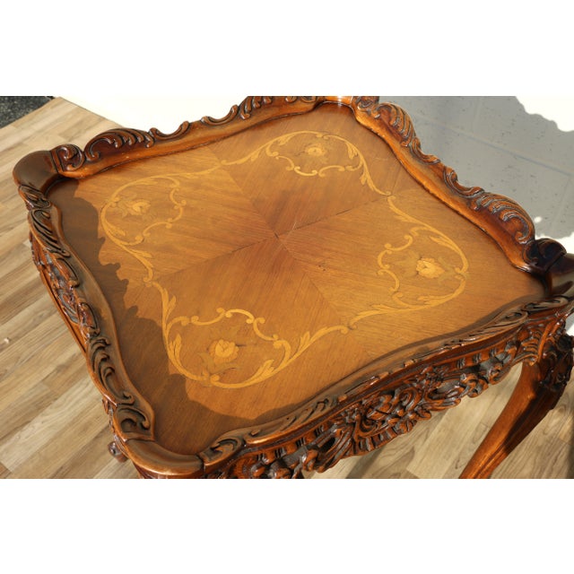 Pair of Louis XV Style Marquetry Side Tables/End Tables | French Rococo Revival Carved Wood For Sale - Image 10 of 18
