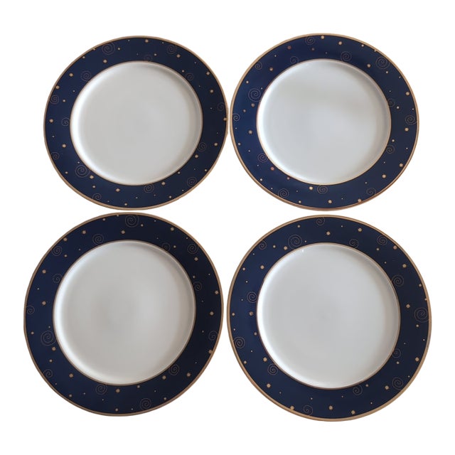 Set of 4 Sakura Star Light Dinner Plates Blue Gold 2000 Y2k Hallmark Home Collection For Sale