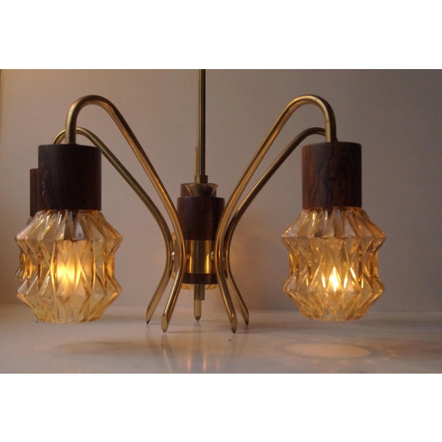 Mid-Century Danish Rosewood, Brass & Glass Spider Chandelier, 1950s For Sale - Image 6 of 7