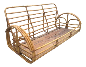 Restored Vintage "Floral Rose" Arm Rattan 3-Strand 3-Seater Sofa With Scoop Base