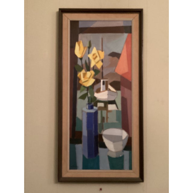 Mid-Century Modern Mid 20th Century Tall & Narrow Cubist Still Life W/ Yellow Daffodills For Sale - Image 3 of 11