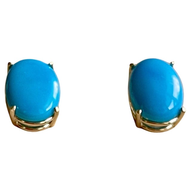 10 Ct Oval Natural Sleeping Beauty Turquoise Stud Earrings 14 K Yellow Gold For Sale - Image 15 of 18