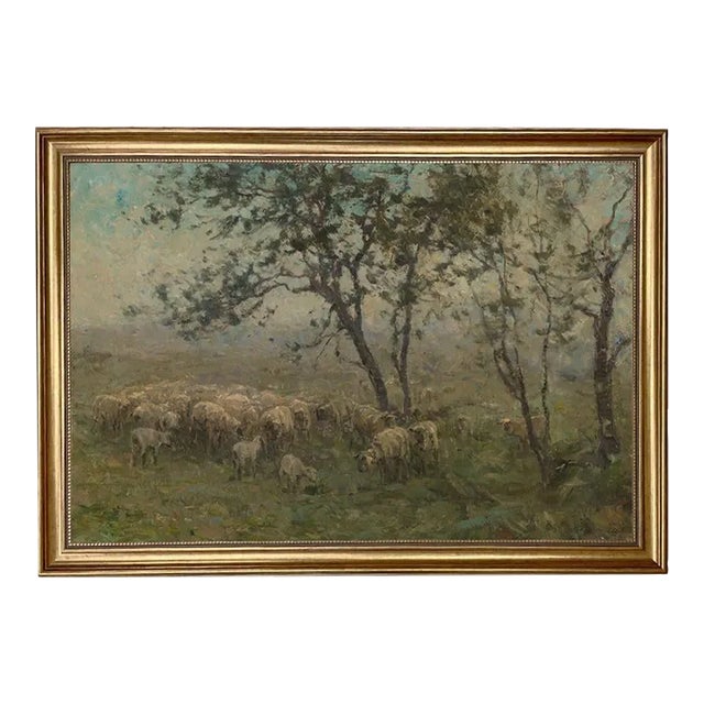 Flock of Sheep Landscape Print on Canvas in Antiqued Gold Frame- a 20" X 30" Print, Framed to 23-1/2" X 33-1/2" For Sale