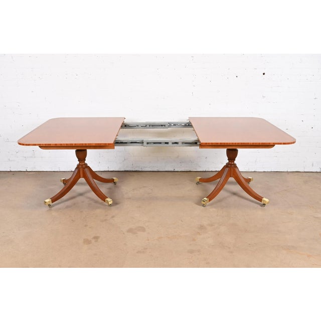 Brown Baker Furniture Georgian Cherry and Satinwood Double Pedestal Extension Dining Table, Newly Refinished For Sale - Image 8 of 12