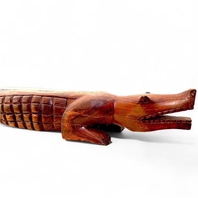 Tribal Extraordinary3.5 Foot Hand Sculpted Tribal Style Wooden Alligator Statue For Sale - Image 3 of 14