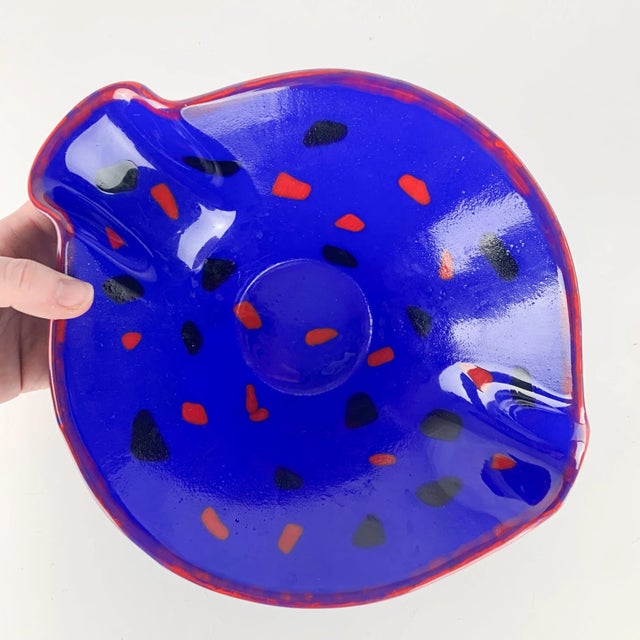 Vintage Mid-Century Modern Handmade Art Glass Bright Blue Red Black Batter Bowl For Sale - Image 4 of 10