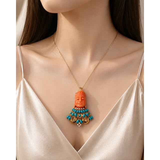 Traditional 1960s 18K Yellow Gold Carved Coral Diamond Turquoise Brooch Pin Pendant For Sale - Image 3 of 3
