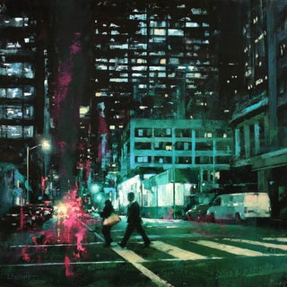 After Hours by Lindsey Kustusch | Oil on Wood Panel Nighttime city street scene with pedestrians. For Sale