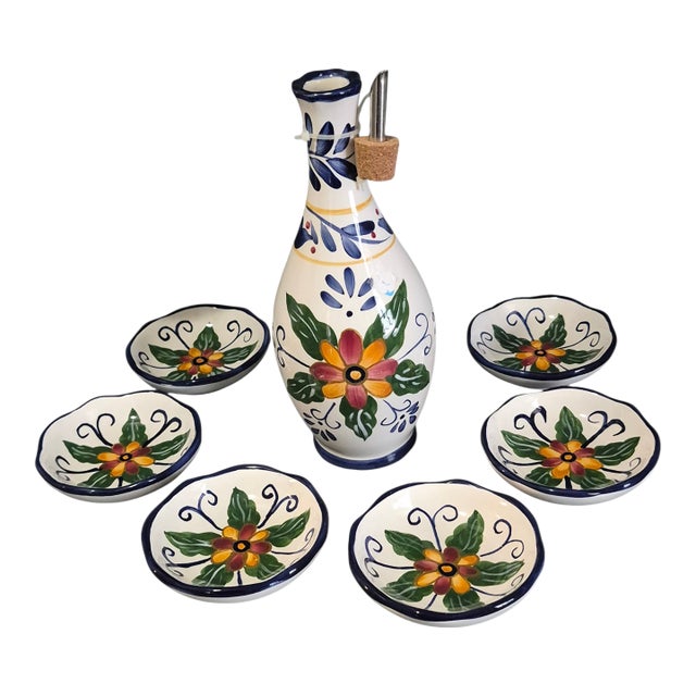 Late 20th Century Seven Piece Whole Home Painted Talavera Style Olive Oil Dipping Set For Sale