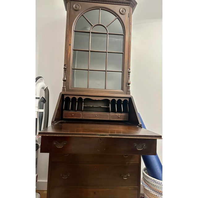 American Antique Mahogany Secretary Desk With Arched Glass Cabinet For Sale - Image 3 of 8