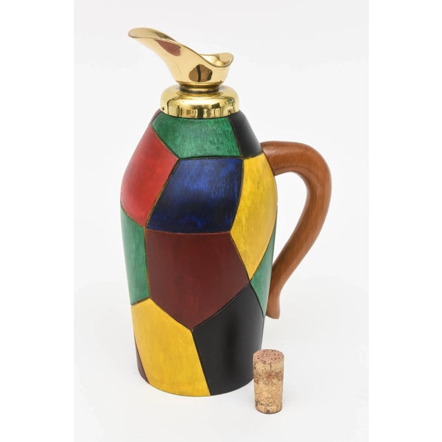 Red Vintage Italian Aldo Tura Style Colorful Painted Wood and Brass Cork Decanter/ Jug Barware For Sale - Image 8 of 10