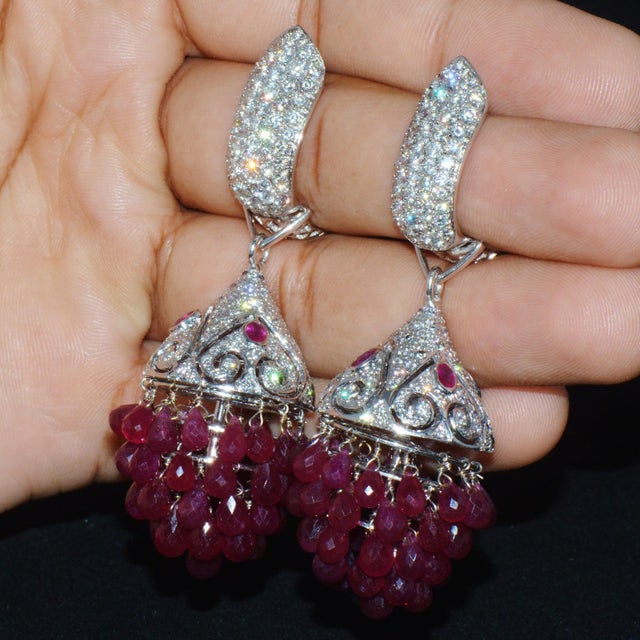Red A Pair of Diamond Ruby 18K Solid Gold 3-IN-1 Chandelier Dangle Cluster Earrings For Sale - Image 8 of 10