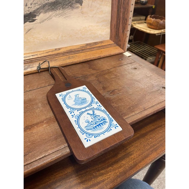 Vintage Decorative Wooden Board With Dutch Folk Delft Style Tiles For Sale - Image 4 of 8
