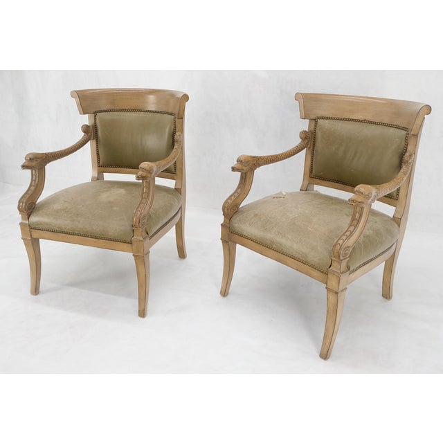 Brown Carved Dolphins Shape Arms Rounded Back Lounge Chairs Leather Upholstery AS IS For Sale - Image 8 of 18