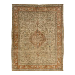 Antique Handmade Persian Tabriz Wool Rug in Light Brown Color