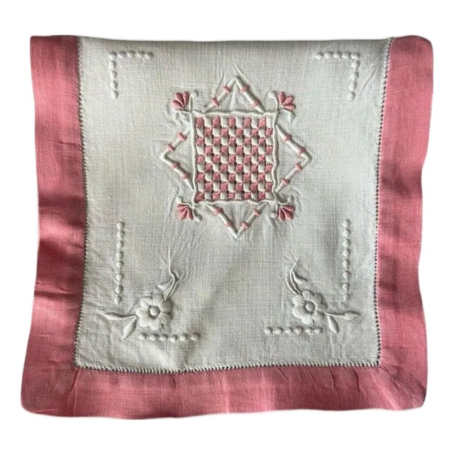 Antique French Linen Pouch with Pink Embroidery & Drawnwork Trim, Hand-Embroidered Flax Linen Bag Keepsake, c. 1900 For Sale