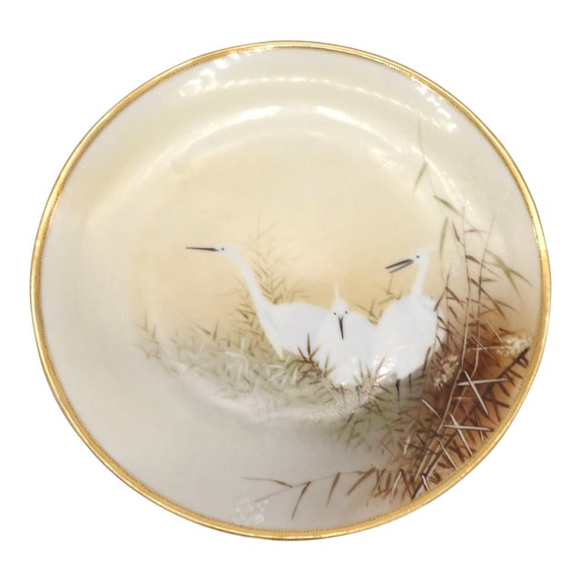 Antique Japanese Hand-Painted Plate With Cranes and Gold Rim For Sale