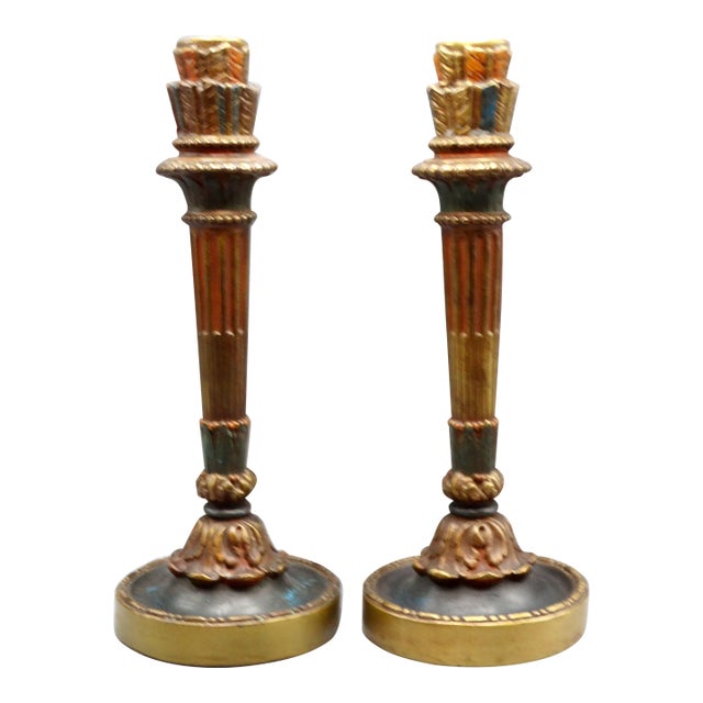 Italian Majolica Candlesticks 14" Height, a Pair For Sale