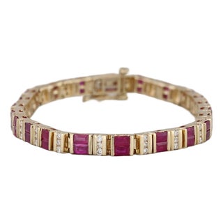Mid 20th Century 5.98ctw Ruby Diamond Tennis Bracelet 14k Yellow Gold 6.75" 4.2mm For Sale
