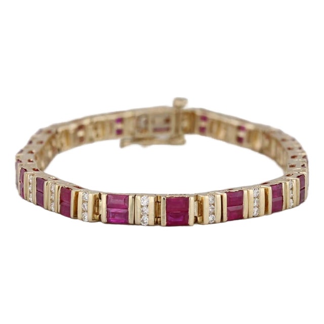 Mid 20th Century 5.98ctw Ruby Diamond Tennis Bracelet 14k Yellow Gold 6.75" 4.2mm For Sale