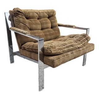 Milo Baughman Style Flat Bar Chrome Lounge Chair For Sale