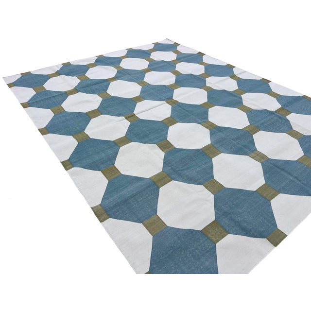 Not Yet Made - Made To Order Handmade Cotton Flat Weave Area Rug, Teal Blue, Cream and Olive Green Tile Dhurrie - 8'x10' For Sale - Image 5 of 13