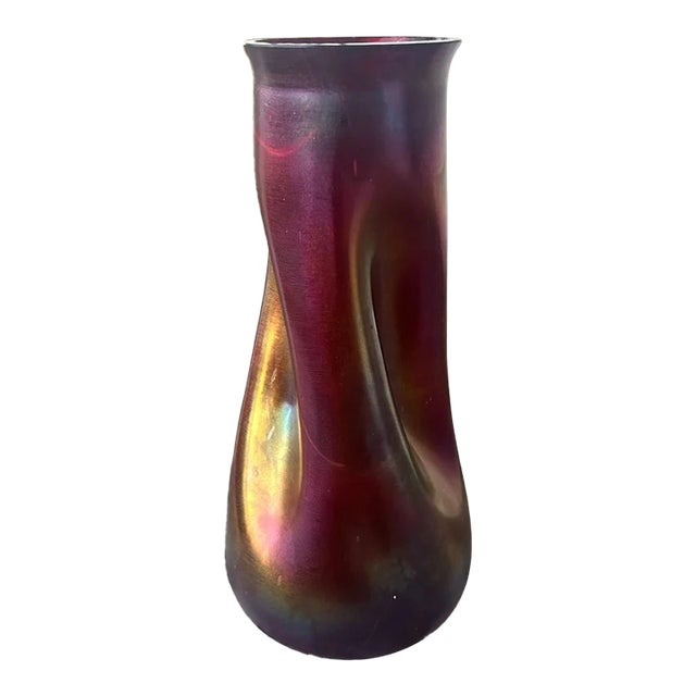 Circa 1900 Bohemian Josef Rindskopf Art Nouveau Iridescent Ruby Red Glass Striated Twist Vase For Sale