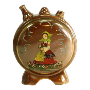 Early 20th Century Lusterware Canteen Flask Hand Painted Girl With Flower