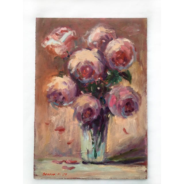Gold Contemporary Abstract Floral Peonies Bouquet Original Painting by Valeriya Serova For Sale - Image 8 of 9
