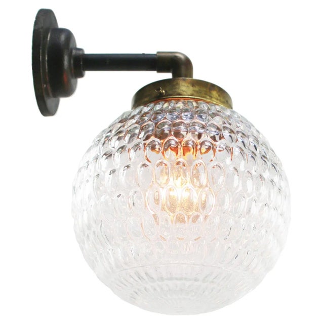 1960s Vintage Industrial Clear Glass and Brass Cast Iron Sconce For Sale - Image 5 of 6